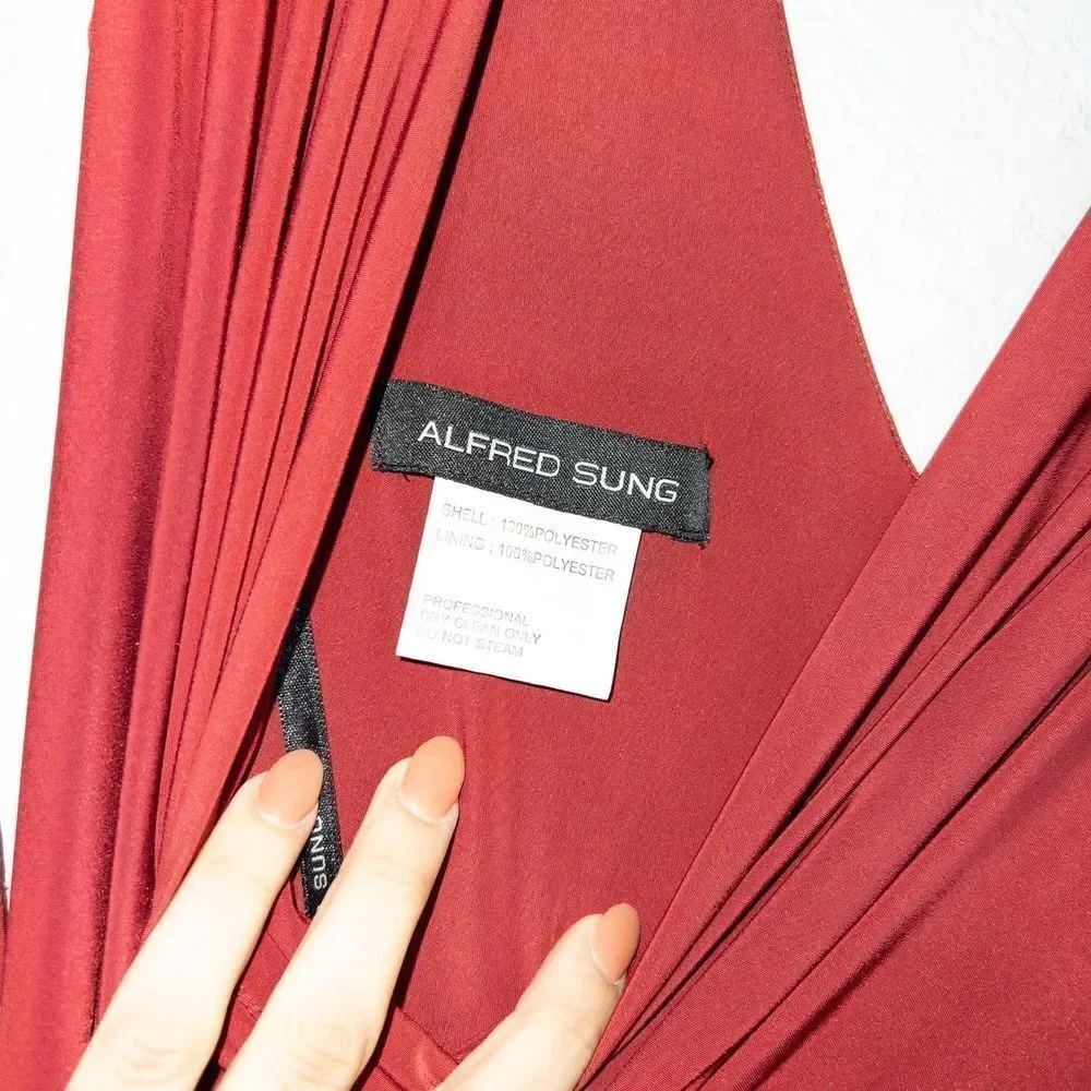New Alfred‎ Sung Burgundy Mikado 3/4 Sleeve V Neck Gown Size 2 - Picture 5 of 9